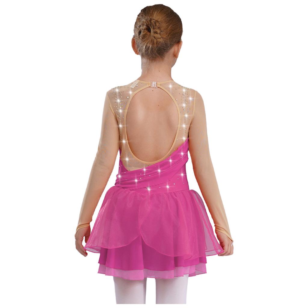 Girls Figure Skating Dress Glittery Rhinestones Sheer Mesh Long Sleeves Cutout Back Lyrical Performance Gown