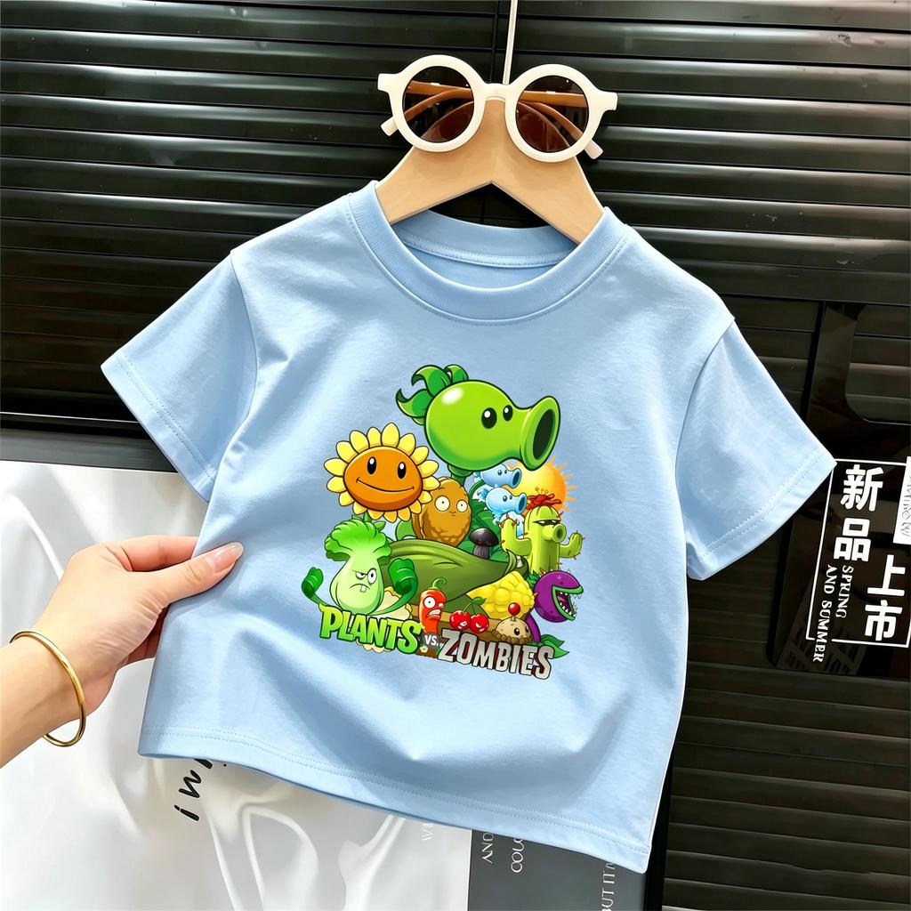 Boys' Plant Vs. Zombies Short-Sleeved T-Shirt Pure Cotton Round-Neck Children's Summer Clothing