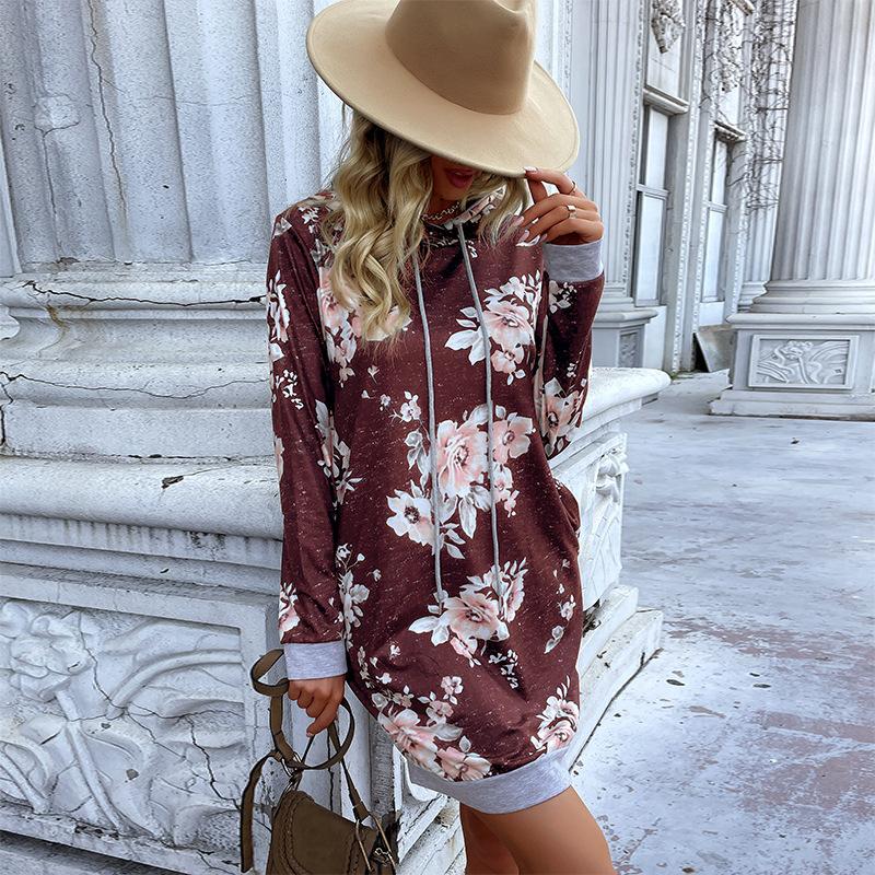 

Женская мода, повседневный цветочный принт, осень-зима, свитера с капюшоном и длинными рукавами, платья S