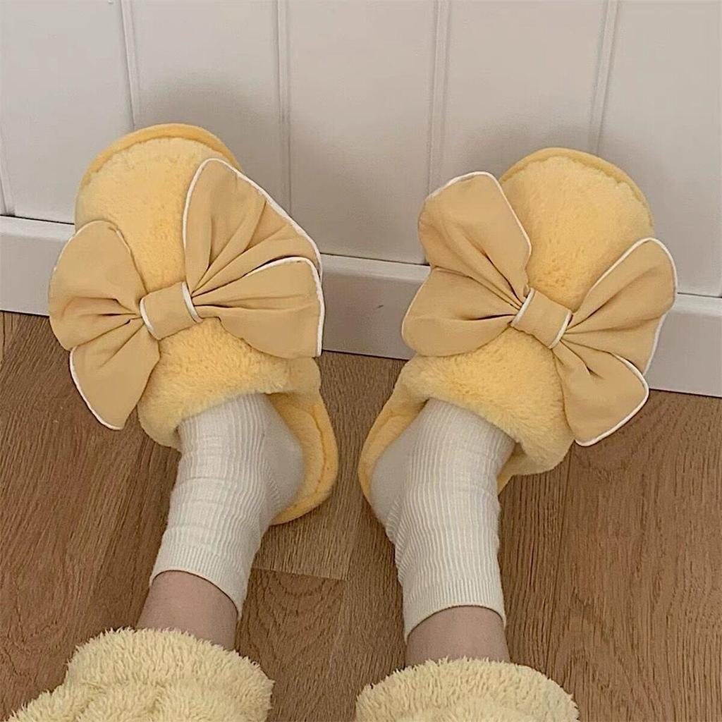Cozy Bow Plush Slippers: Warm Non-Slip Indoor Cotton for Autumn & Winter