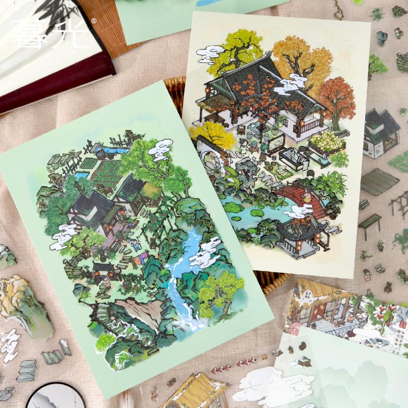 Twilight Jiangnan Four Seasons Landscape Sticker Series: Miniature & Large DIY Painting Stickers (4 Types)