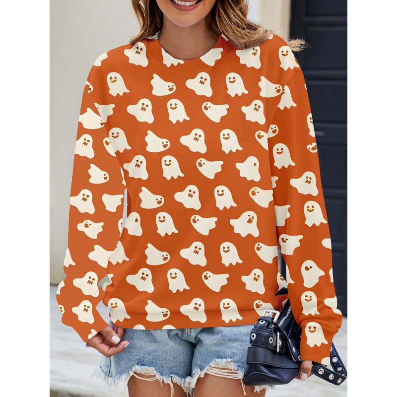 Womens Casual Hoodie With 3D Halloween Print Round Neck Lightweight Breathable Fabric