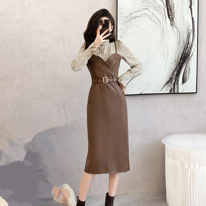 Streetwear PU šaty 2dílná sada Dámské outfity Neformální rolák Košile s rukávy a koženými šaty bez ramínek Dámské