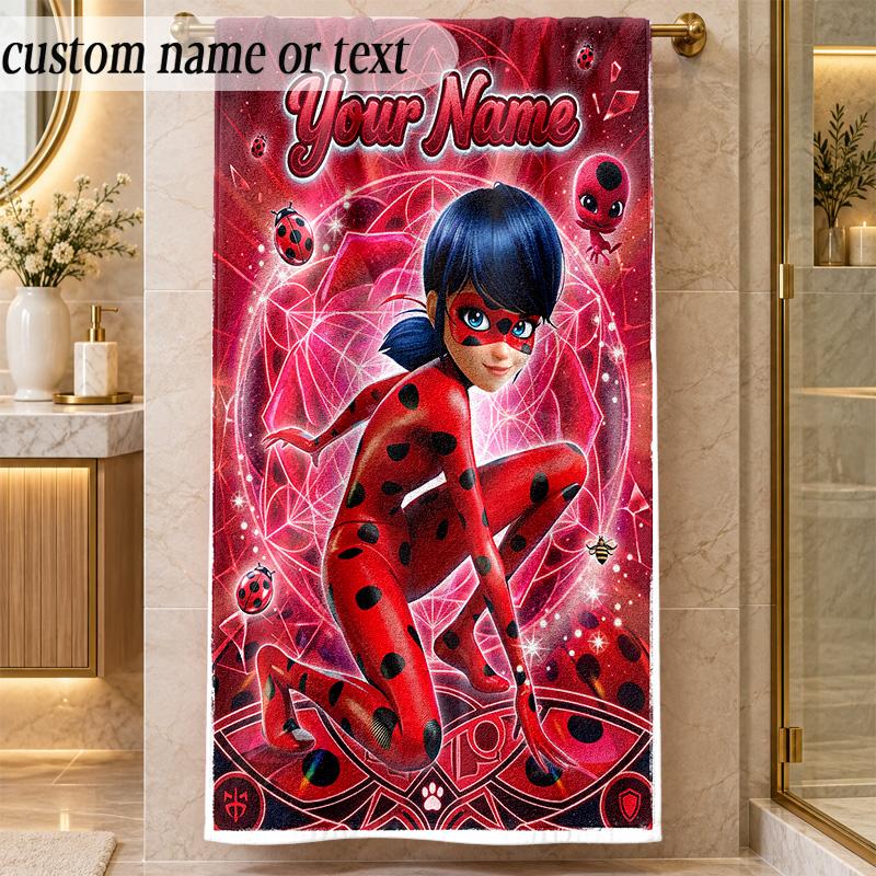 Strandtuch Miraculous Ladybug Benutzerdefinierter Name Text Personalisierbares Weiches Handtuch für Strand Pool Innen Hausdekoration Geschenk
