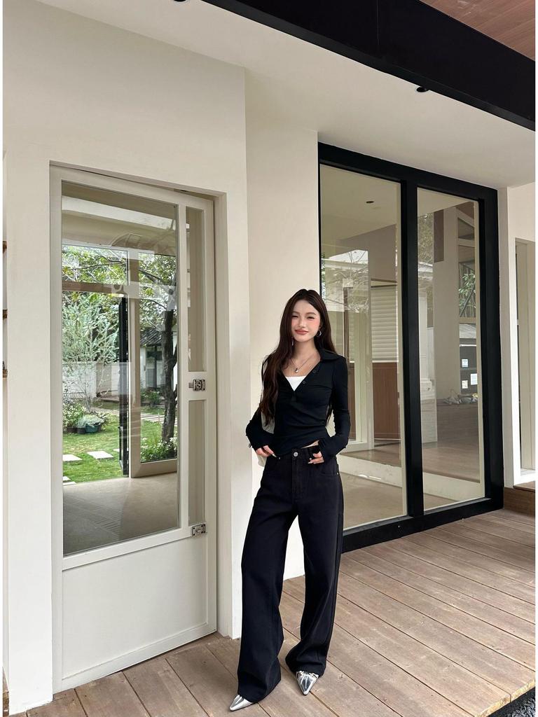 Lu Sheng Unisex Retro Washed Black Bootcut Jeans - Loose Fit, Wide Leg, Casual Pants