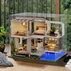 Moin Moin Miniature Dollhouse Kit Two-Story Elegant Modern Design with LED Light Acrylic Case and Music Box