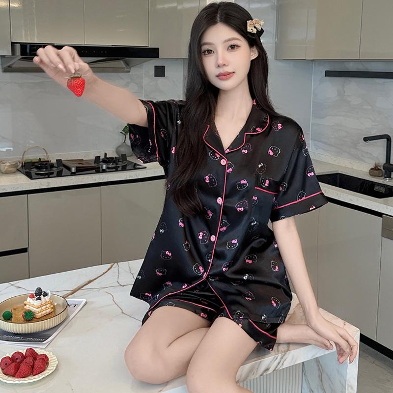 Sweet And Cool Girl Wind Ice Silk Pajamas Women'S Summer Short-Sleeved Trousers Comfortable Loungewear