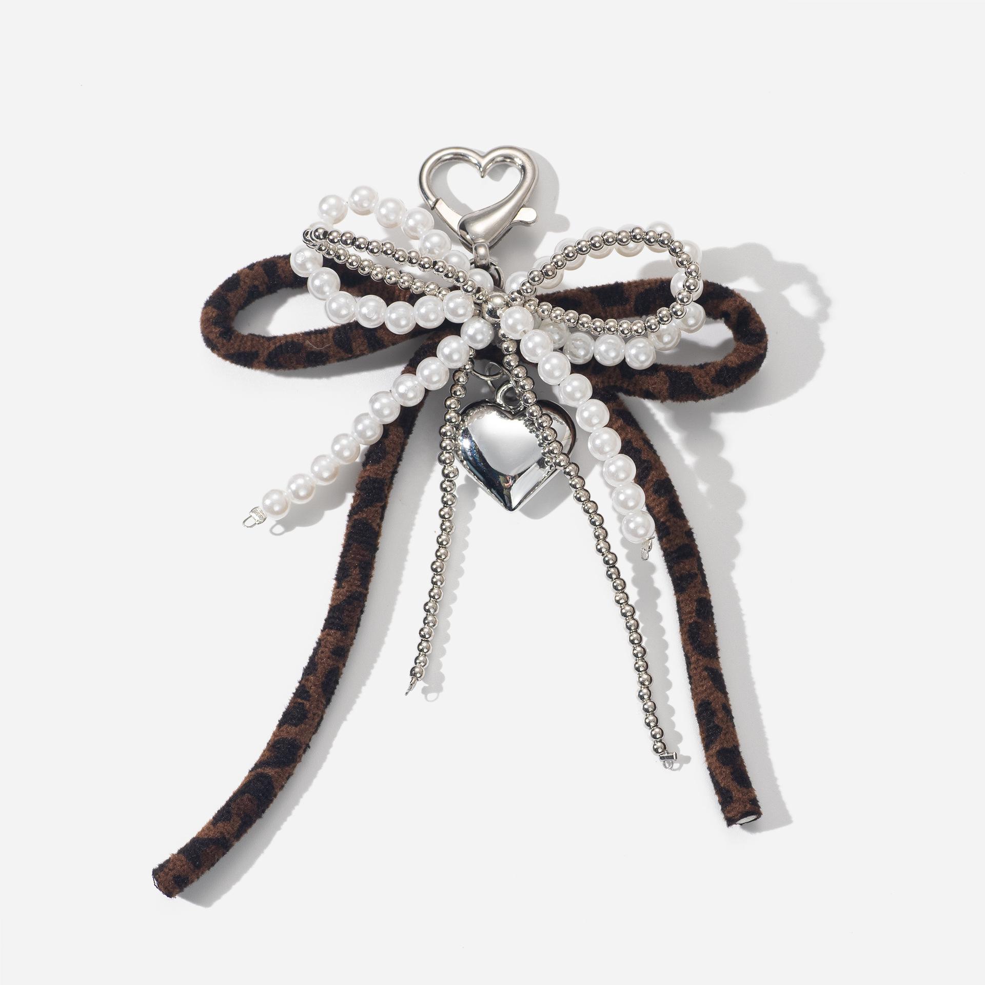 Ретро-брелок Y2K, ручной работы, с леопардовым принтом, бусинами и бантом, с искусственным белым жемчугом