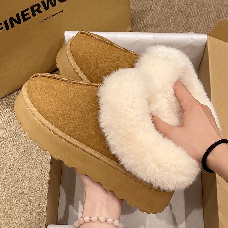 Fashion Winter Plush Warm Snow Boots for Women Fashion Faux Rabbit Fur Platform Slippers Woman Thick Sole Non Slip Fluffy House Slippers
