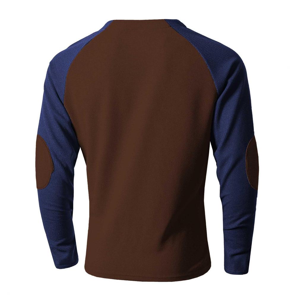Men's Cross-Border Casual Raglan Sleeve Patchwork Round Neck Waffle Knit Sweatshirt for Spring/Autumn