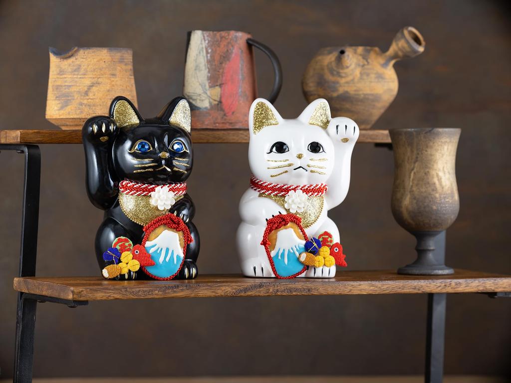 Lucky Cat Mount Fuji Left Paw Raised Ceramic Lucky Cat Fujiyama Auspicious Feng Shui Ornament Offering Box (M-SIZE White) / _ Maneki-neko (fj_M White)