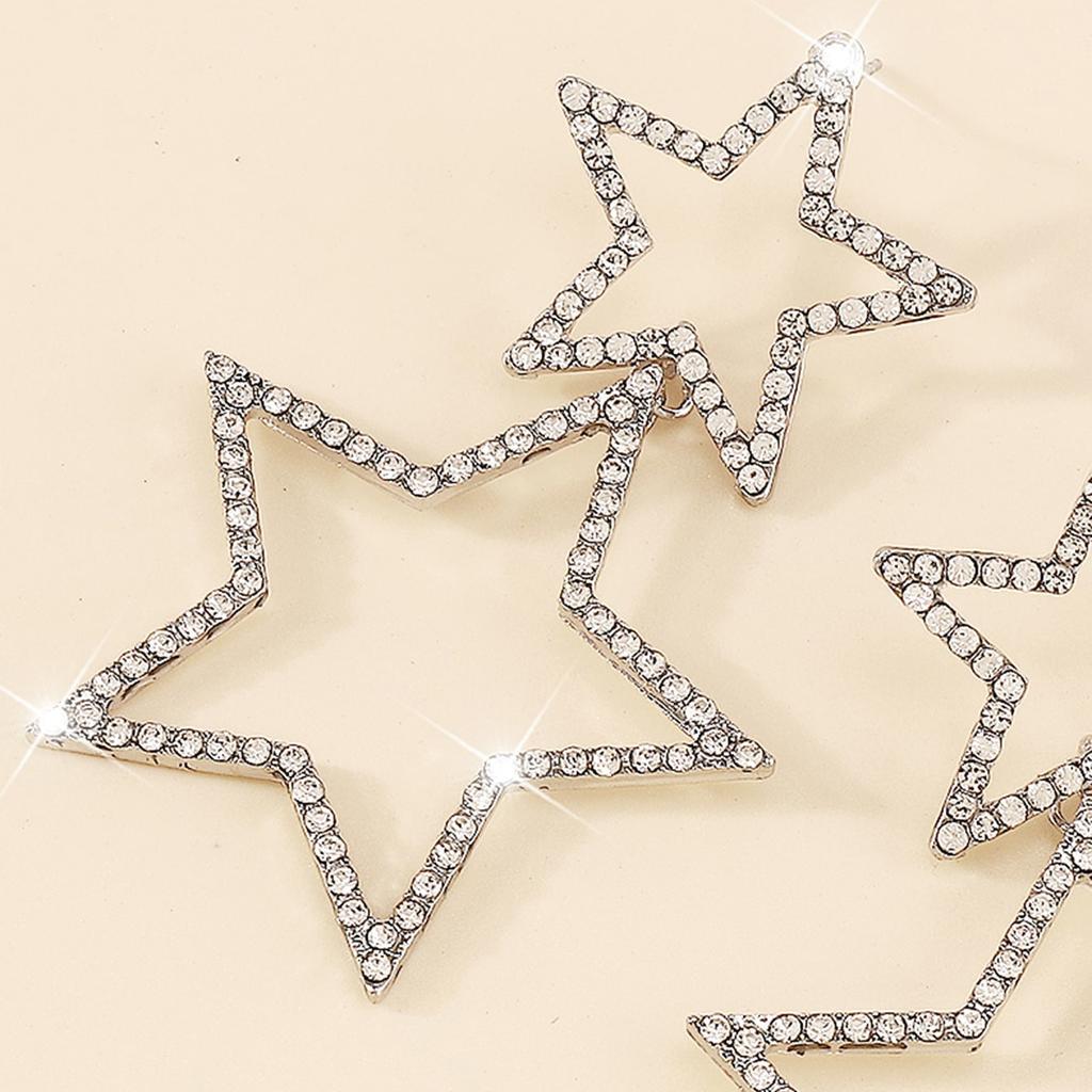 Shining Two Different Sized Hollow Star Dangle Earrings Inlaid Rhinestones Fashionable Ear Jewelry Perfect Accessory for Women Daily Glam