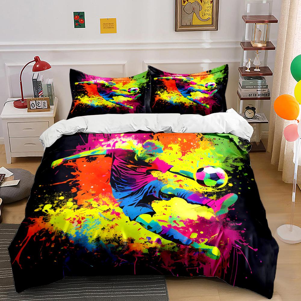 Farbspritzer Fußball Kick Art Muster Bettbezug-Set Digitaldruck Polyester Bettwäsche mit Reißverschluss für Kindergeschenke