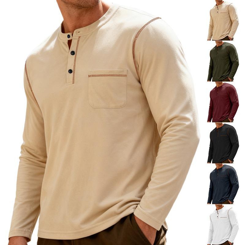 Men's Solid Color Stand Collar Henley Shirt, Long Sleeve Business Casual Sports Top, Spring Summer Daily Versatile Pullover T-Shirt