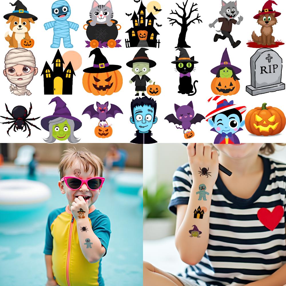 54pcs Temporary Tattoo Pumpkin Ghosts Temporary Tattoo Stickers Halloween Characters Waterproof Long-lasting Body Stickers For