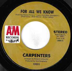 

7inch Record CARPENTERS - For All We Know 1243S A&M Records 1971 US Pop Used
