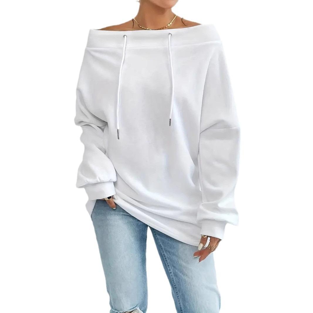Autumn and Winter Cross-border Women s Sexy Off Shoulder Drawstring One Shoulder Loose Sweatshirt From Europe and America XS белый 2000₽