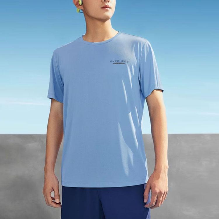 Skechers Letter Round Neck Pullover Comfortable Casual Sports Short Sleeve T-Shirt Men T-Shirts Temptation-Blue P224M084-00MU