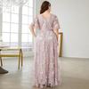 Plus Size V-Neck Lace Embroidered Evening Dress with Trumpet Sleeves