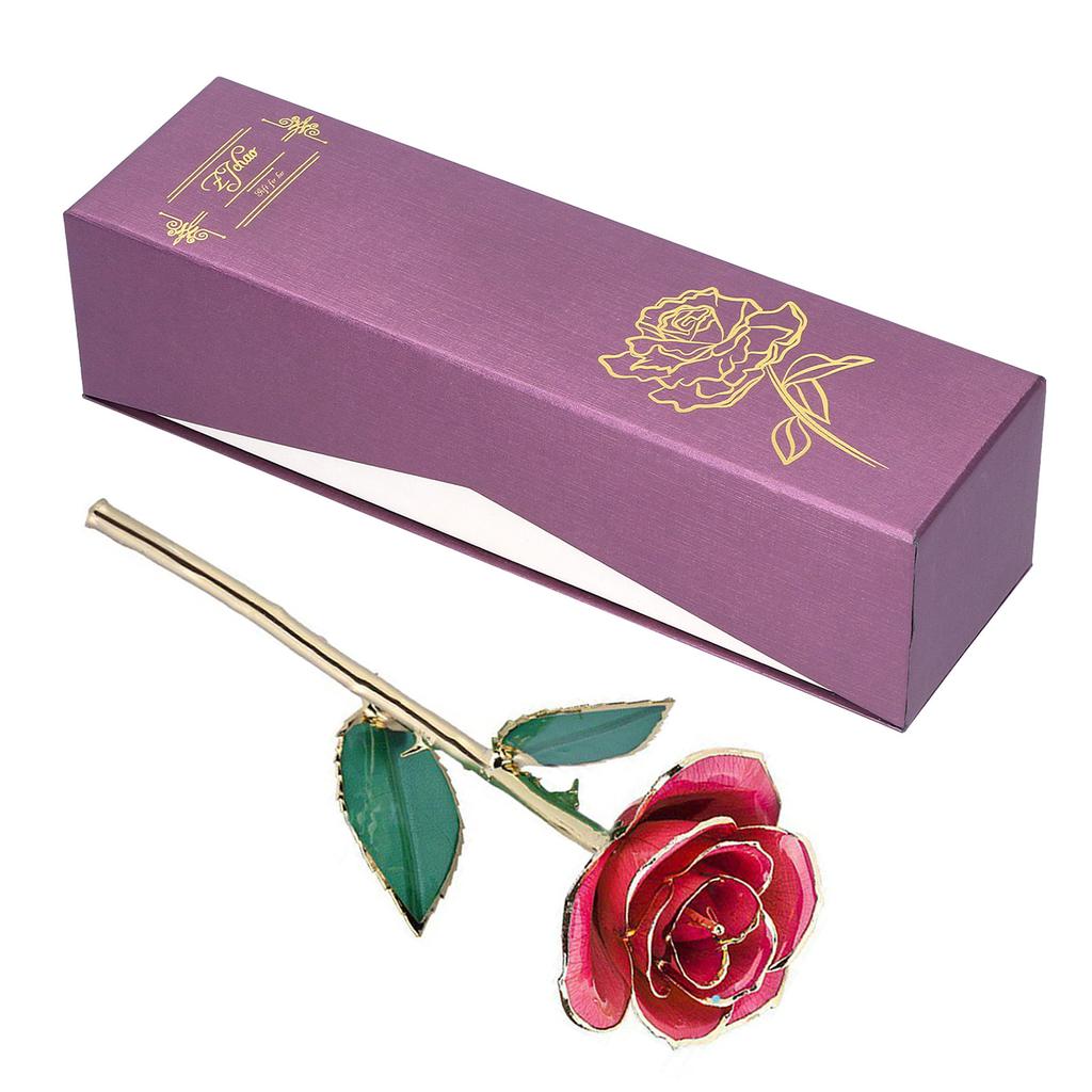 24K Vergoldete Rosenblume Pink Grünes Blatt für Valentinstag Geschenk Dekoration mit Sockel