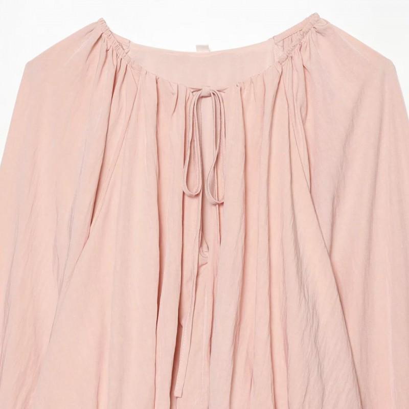 Womens Loose Fit Short Cropped Blouse With Ruched Lantern Sleeves Pure Color Office Chic Top