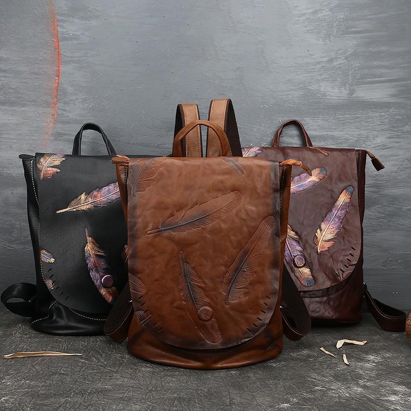 Summer Leather Women's Bags, Embossed Women's Backpacks, First-layer Cowhide Large Bags, Travel Backpacks, Female Hair Art and National Style