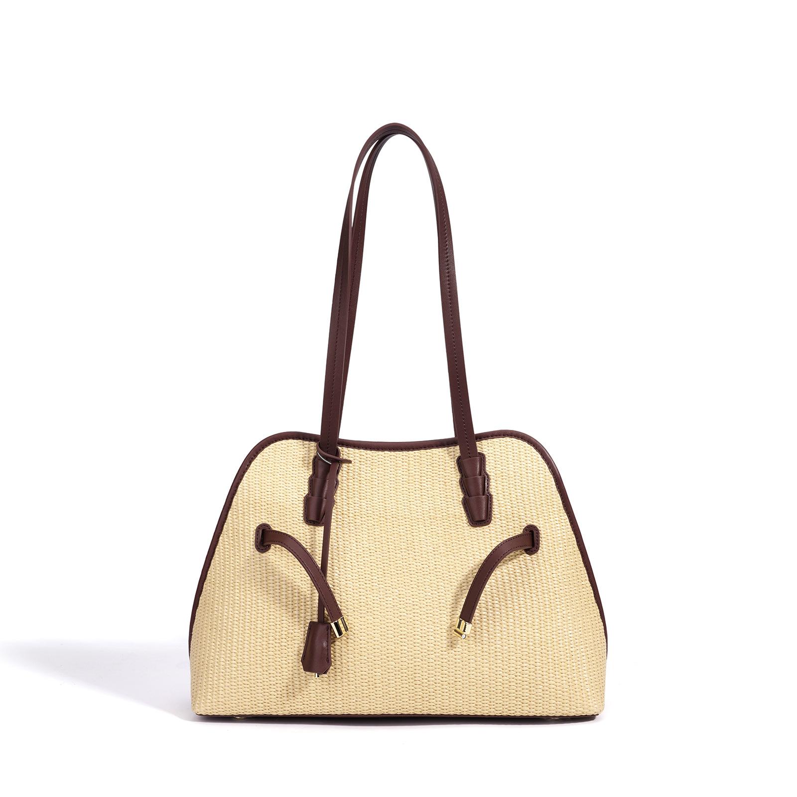 Summer fashion woven bag first layer cowhide large-capacity splicing tote bag portable casual premium shoulder straw bag