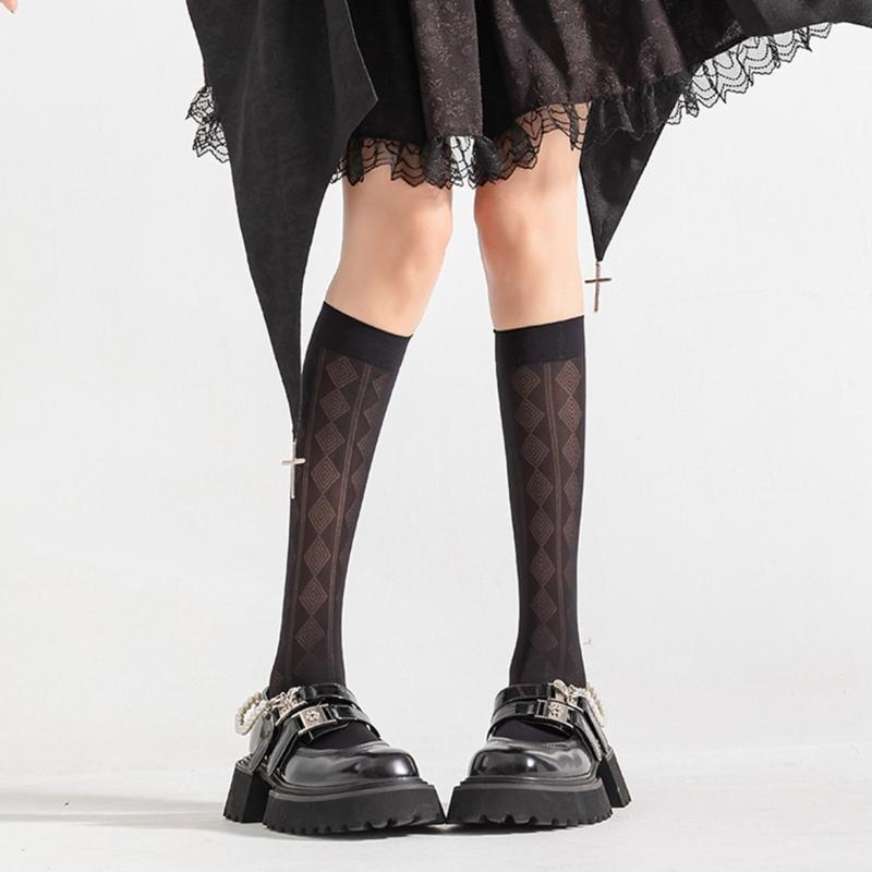 Summer Thin Silk Solid Over the Calf Socks for Womens Japanese Style JK Diamond Striped Pattern Student Long Stockings