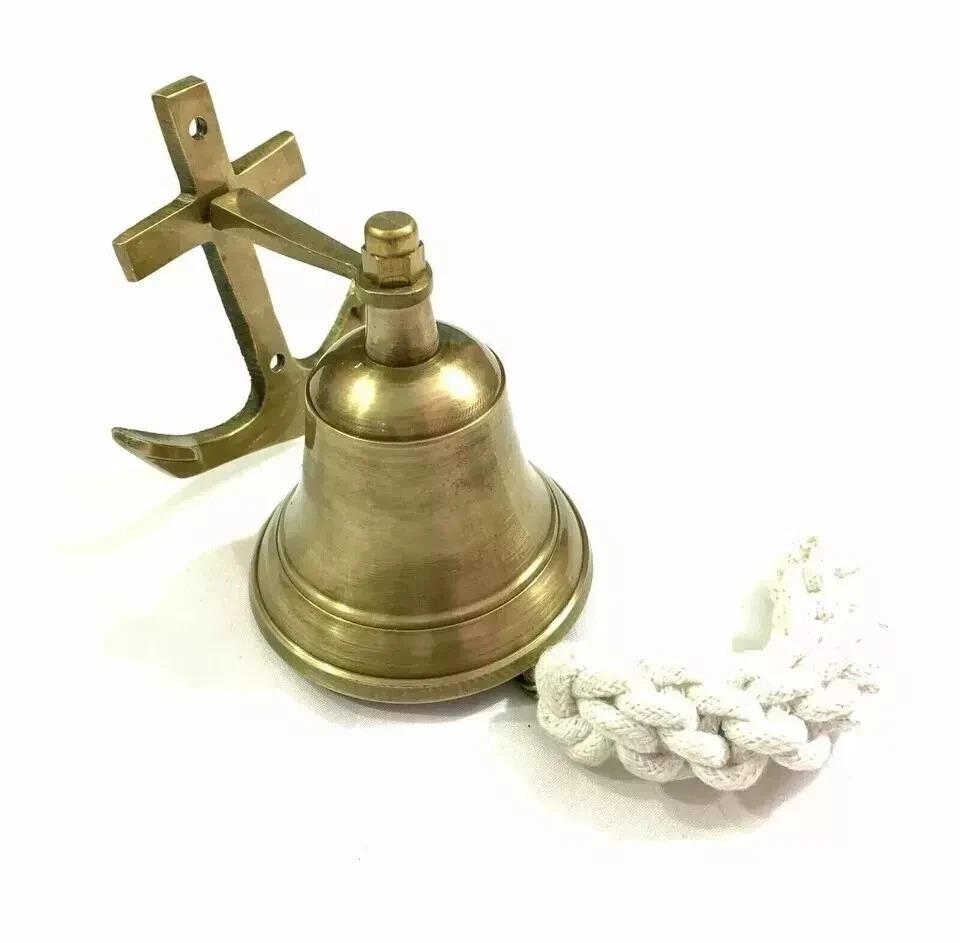 Antique Brass Finish Anchor Ship Bell With Rope Lanyard Nautical Wall Decor