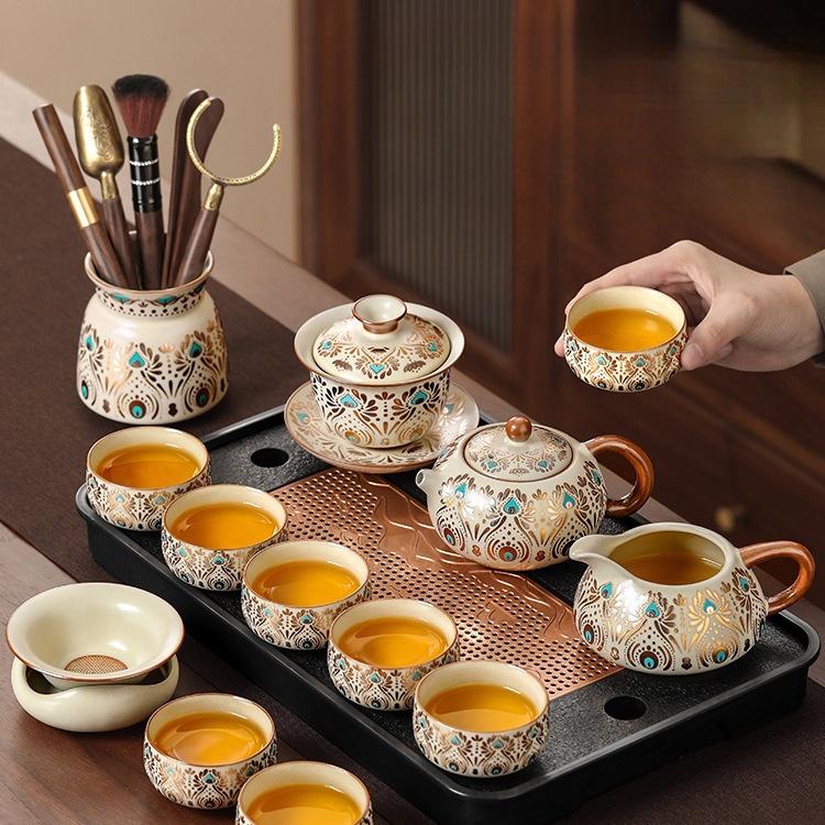 Ru Kiln Kung Fu Tea Set: Light Luxury Teapot, Teacups & Brewing Tray