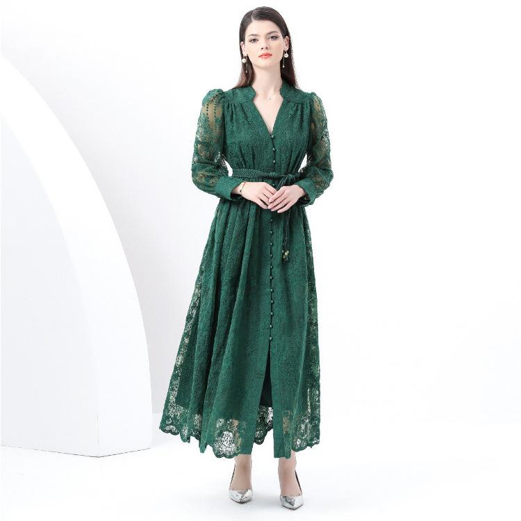 Women's V Neck Long Sleeve Maxi Dress Slim Fit High Waist Elegant Lace A Line Dress