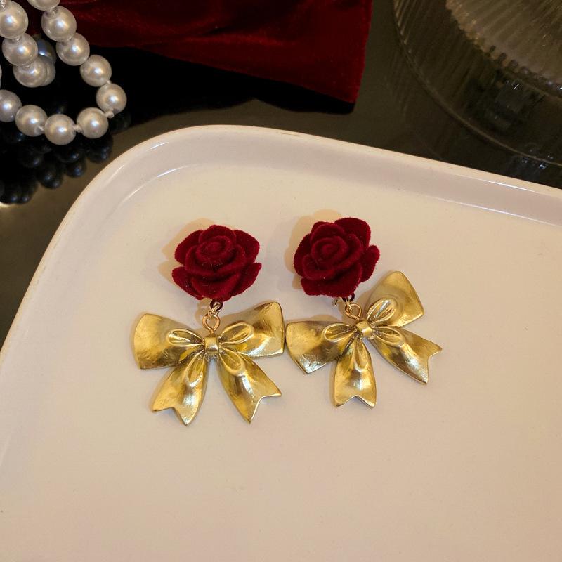 Silver Needle Red Bow Earrings New Versatile Earrings Niche Design Autumn and Winter Earrings Women