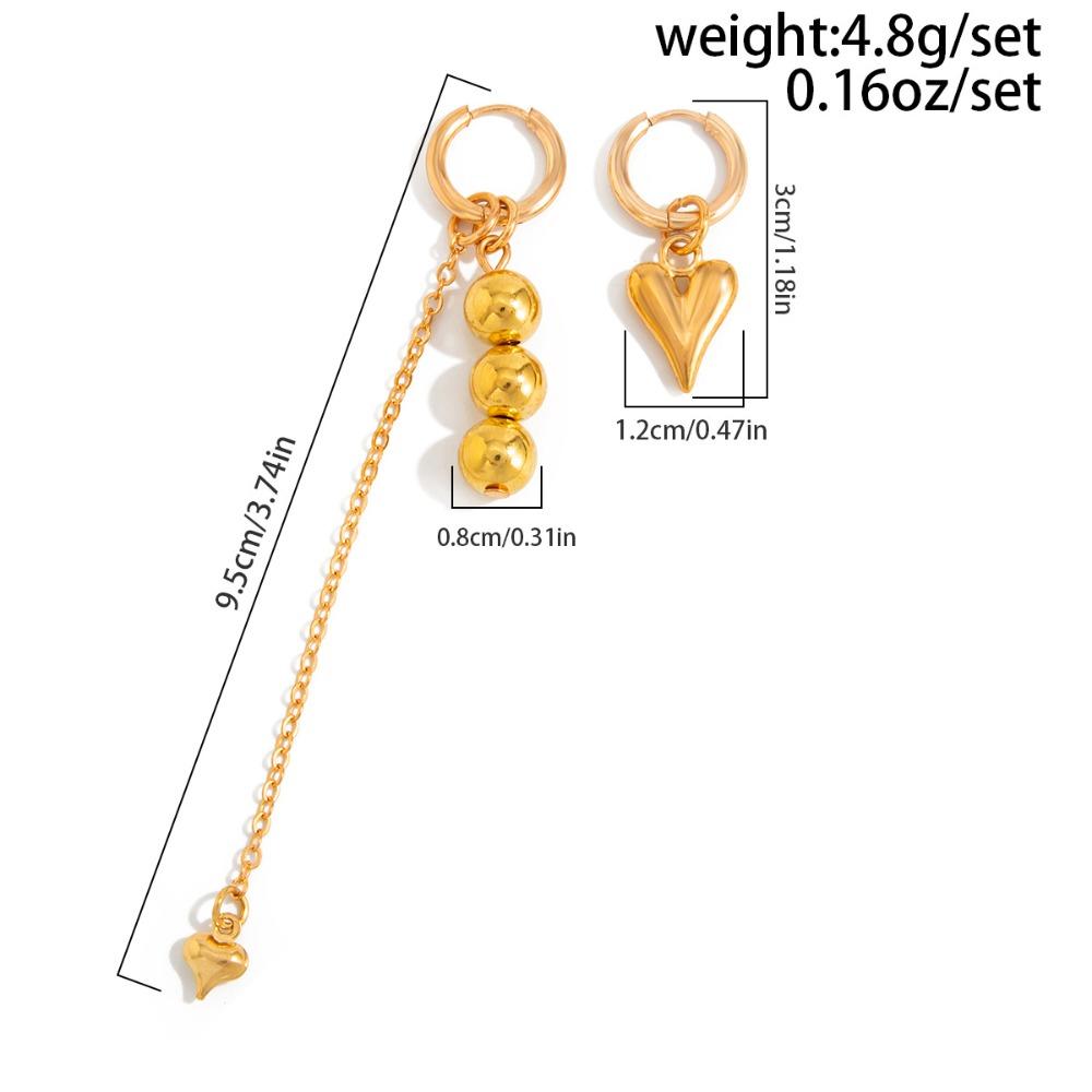 Punk Personality Gold Color CCB Beaded Heart-shaped Metal Chain Tassel Pendant Asymmetric Hoop Earrings for Women Trendy Jewelry