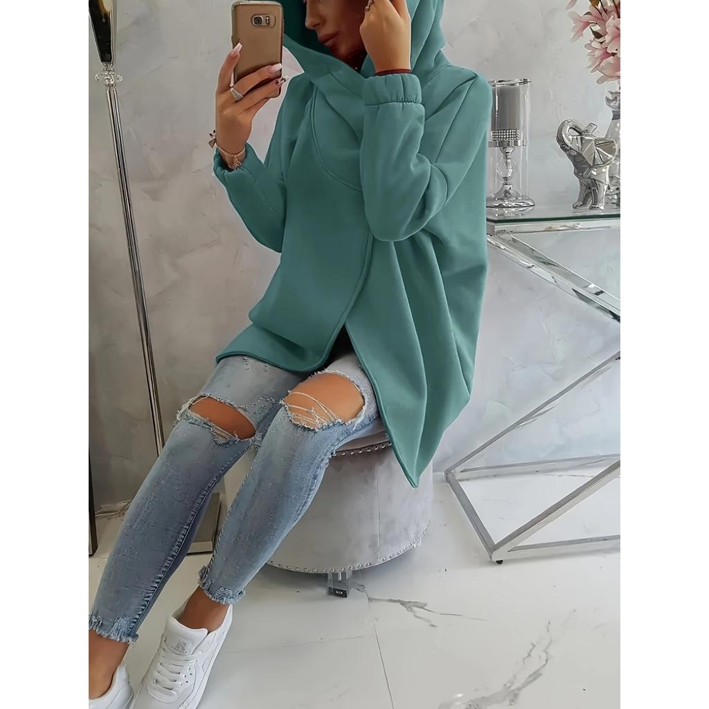 Women's Long Sleeved Casual Black Hooded Jacket Sweatshirt with Front Pocket Zipper Hoodie