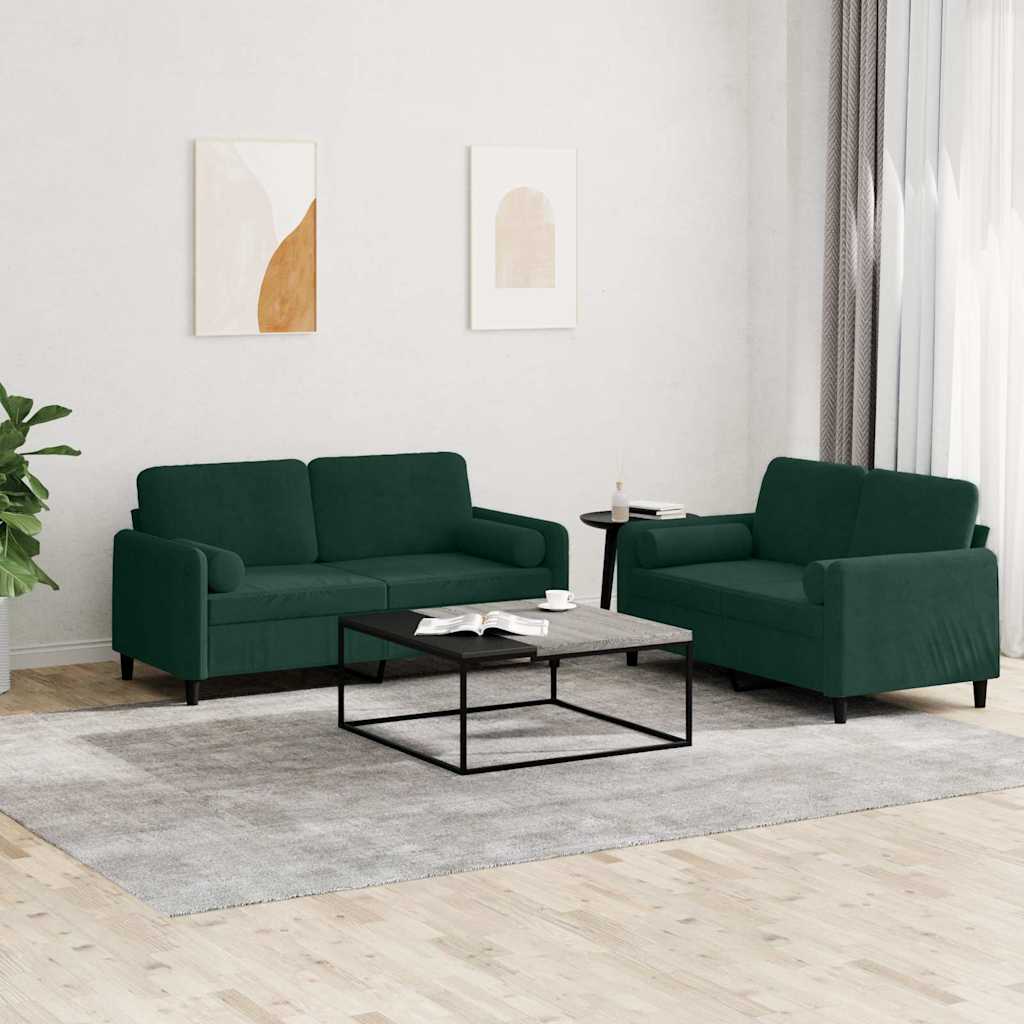 2 Piece Sofa Set with Cushions Dark Green Velvet