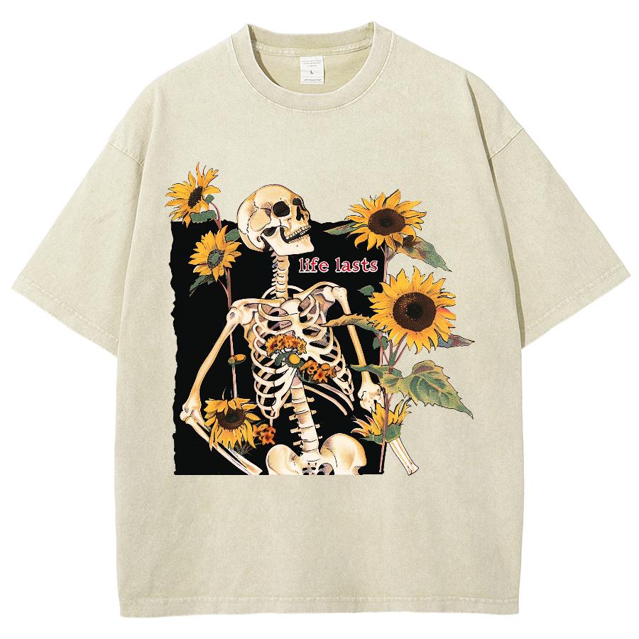Camiseta de Verano para Mujer Y2K Ropa de Mujer Ventas Oversize Estampado Calavera Girasol Holgada Lavada Tendencia Manga Corta