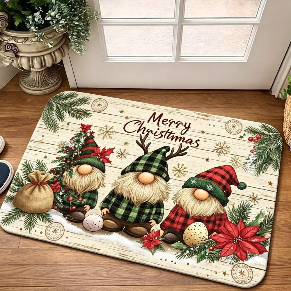 Gnome Plaid Christmas Rug Wooden Background Snowflake Tree Print Non Slip Absorbent Doormat For Winter Holiday Entrance Decor