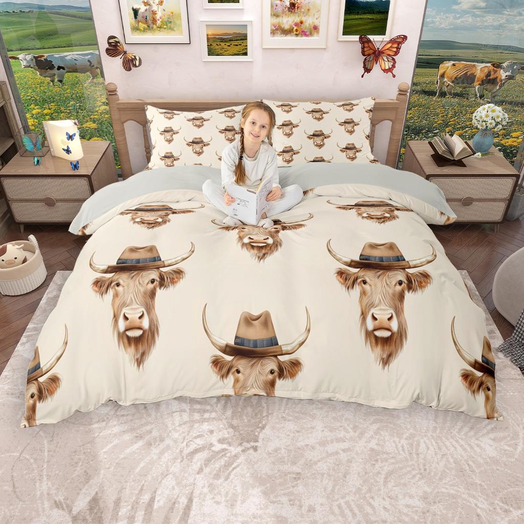 Homewish Rustic Highland Cow Duvet Cover Set, Farm Animal Bedding Set, Farmhouse Lodge Cabin Comforter Cover Set