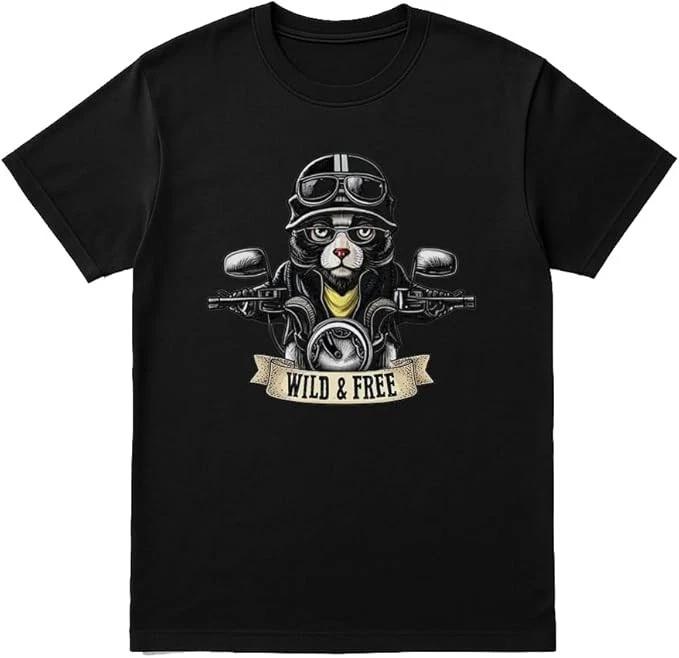 Wild & Free Cat Biker T-Shirt Funny Motorcycle Graphic Tee Unisex Black Shirt XS