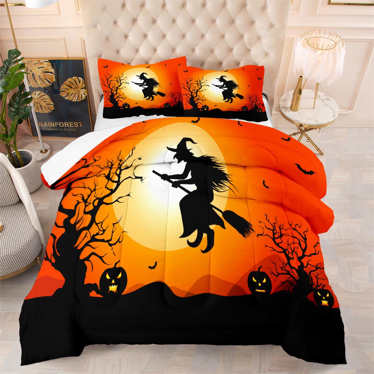 Halloween Digital Printing Bedding Feather Silk Cotton Quilt Night Sky Pumpkin Head Quilt Cover Three-piece Set 140*200cm