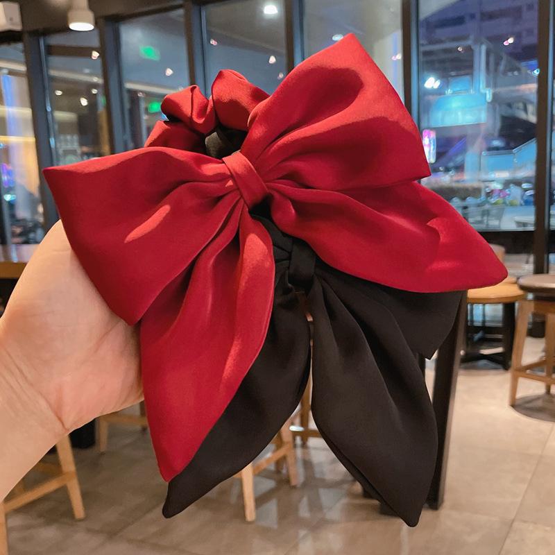 Vintage Red Large Satin Bow Elastic Hair Bands Ties for Women Girls Fashion Solid Rubber Bands Scrunchies Hair Accessories