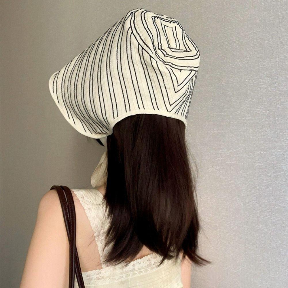 Ribbon Women Striped Fisherman Hat Wide Brim Bucket Hat Casual Sunscreen Visor Cap  Outdoor