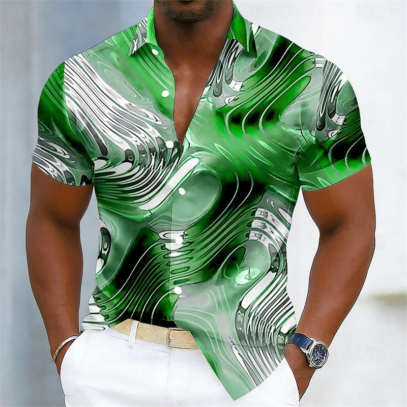 Summer Lightweight Men's Collared Shirt, Gradient Wavy Print, Stylish Casual Vacation Loose Hawaiian Style Men's Shirt, XS-6XL