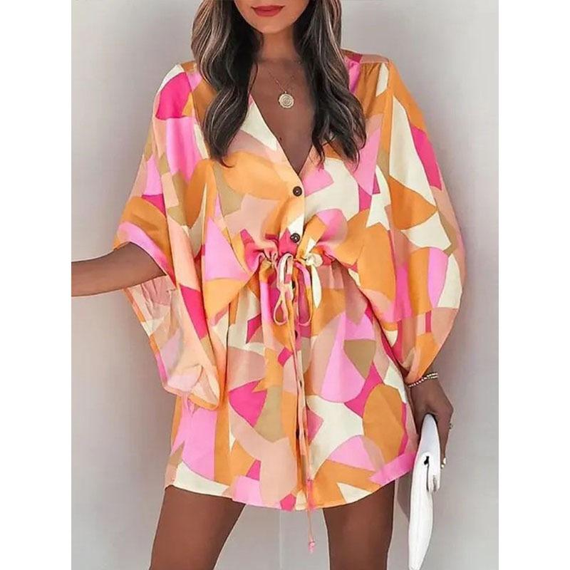 2026 Frühling Damen V-Ausschnitt Fledermausärmel Tropischer Print Kordelzug Taille Mini Strandkleid Urlaubs Überwurf Kurzes Kleid