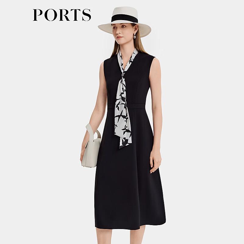 PORTS Women's Black Printed Scarf-Trim Dress