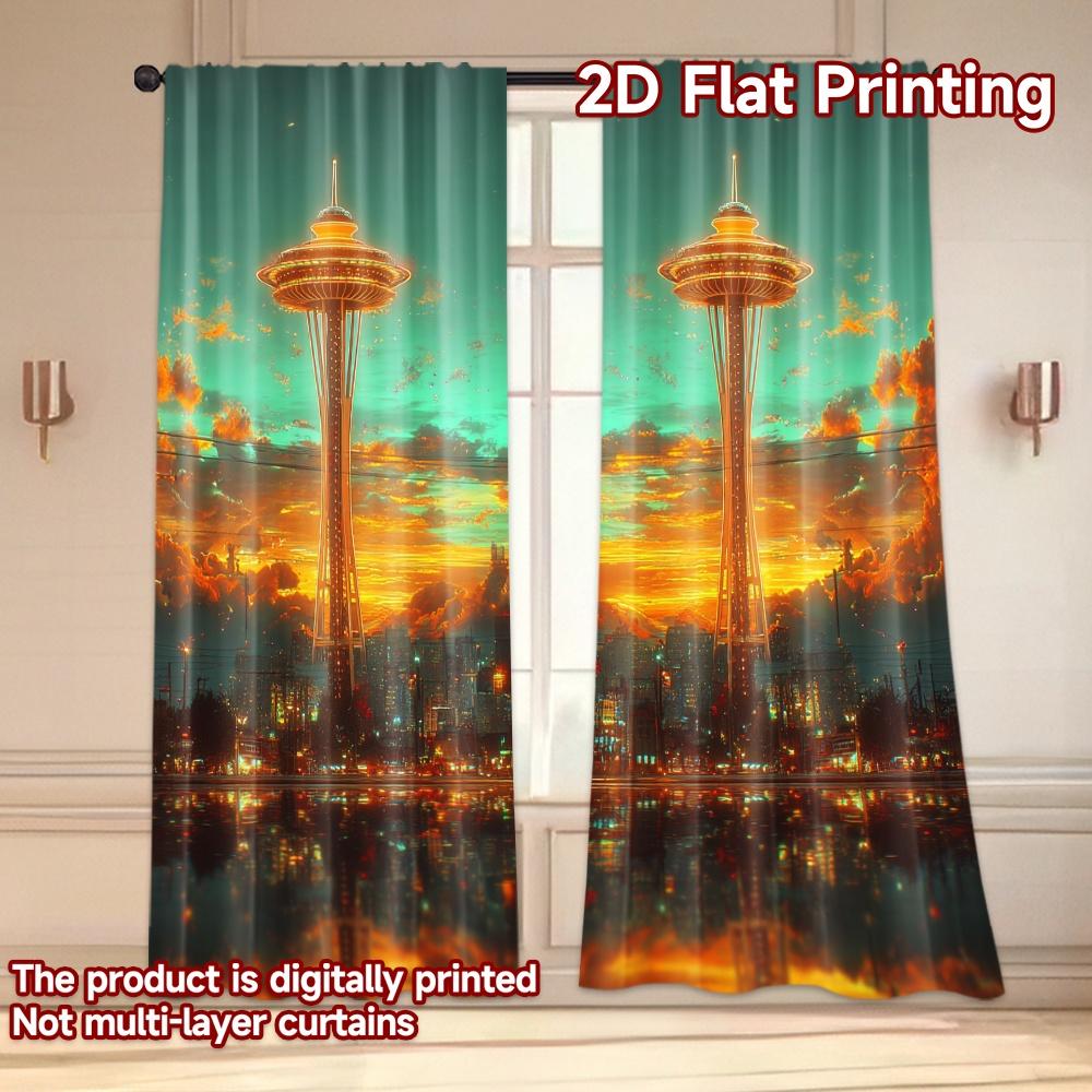 Set Of 2 Flat Printing Curtains Without Rod Futuristic City Sunset April Fools Is Day Holiday Digital Made Polyester