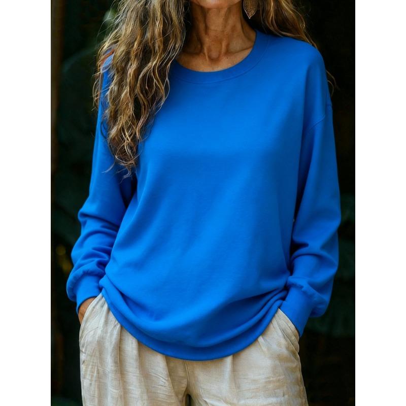 

Весна Осень Свитер Пуловер Женский С Длинным Рукавом Однотонный Универсальный Топ С Круглым Вырезом Свободного Покроя S синий