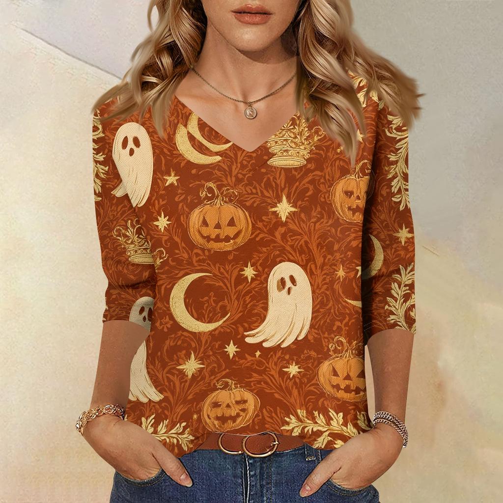 Women's Casual Halloween Print V Neck Three Quarter Sleeve Top Lightweight Soft Fabric Comfortable Fit
