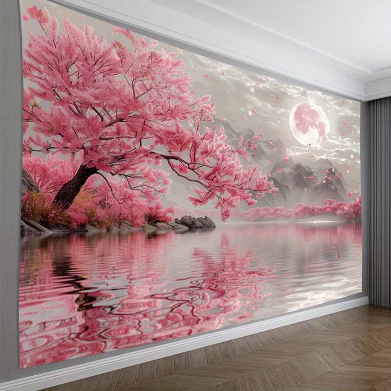 Pink Cherry Blossom Scenery Backdrop Japanese Style Lake Sakura Background for Wedding Photoshoot
