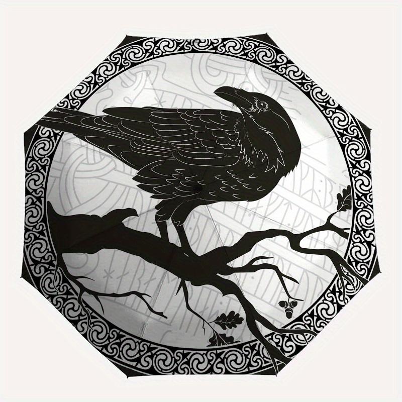 Raven on Branch: Mystical Black and White ArtworkUmbrella, Portable 3-Fold Compact Umbrella,Christmas Gift ES404